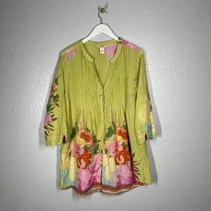❤️❤️Sundance Size XL Green Floral Pintuck Tunic 3/4 Sleeve Button Front V Neck